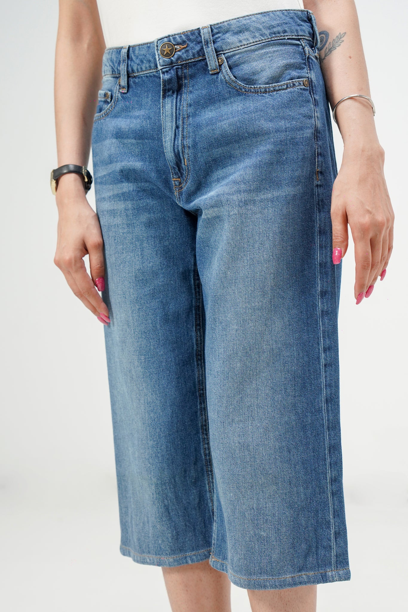 Mid Blue Baggy Denim Capri