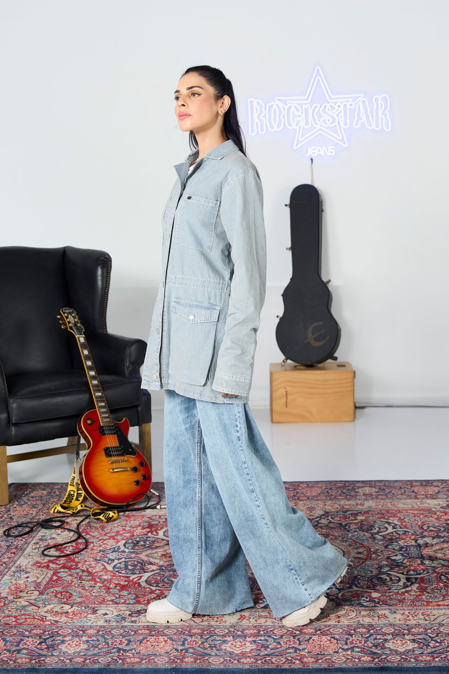 Striped Long Denim Coat