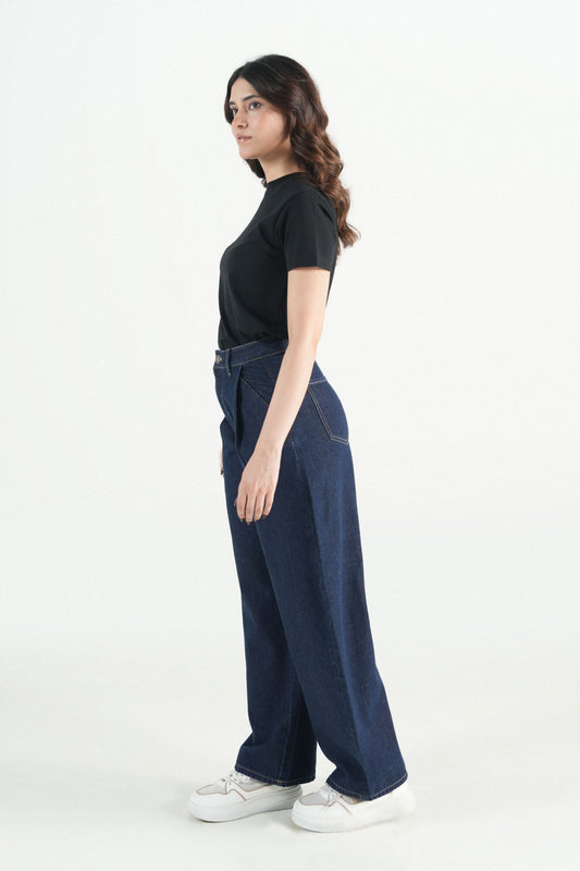Pleated Barrel Fit Dark Blue Jeans
