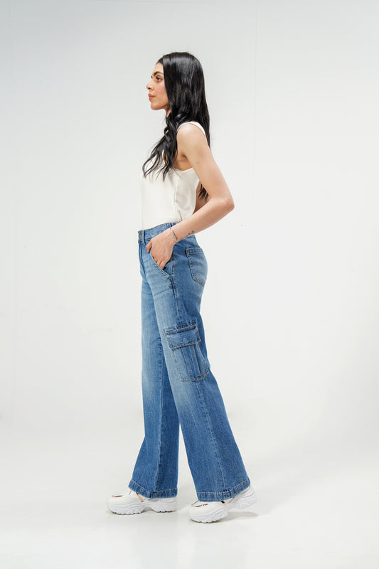 High Rise Wide Leg Cargo Medium Blue shop at Rockstar Jeans