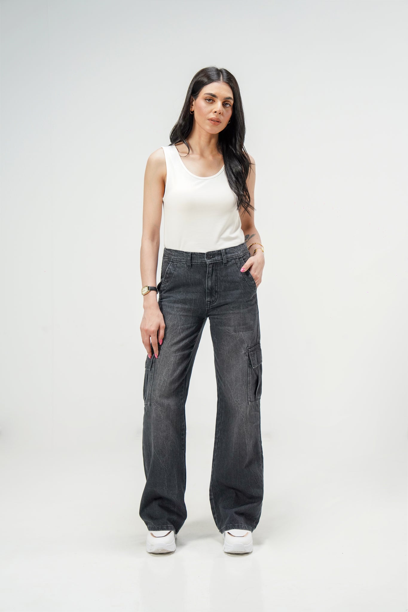 High Rise Wide Leg Cargo Grey
