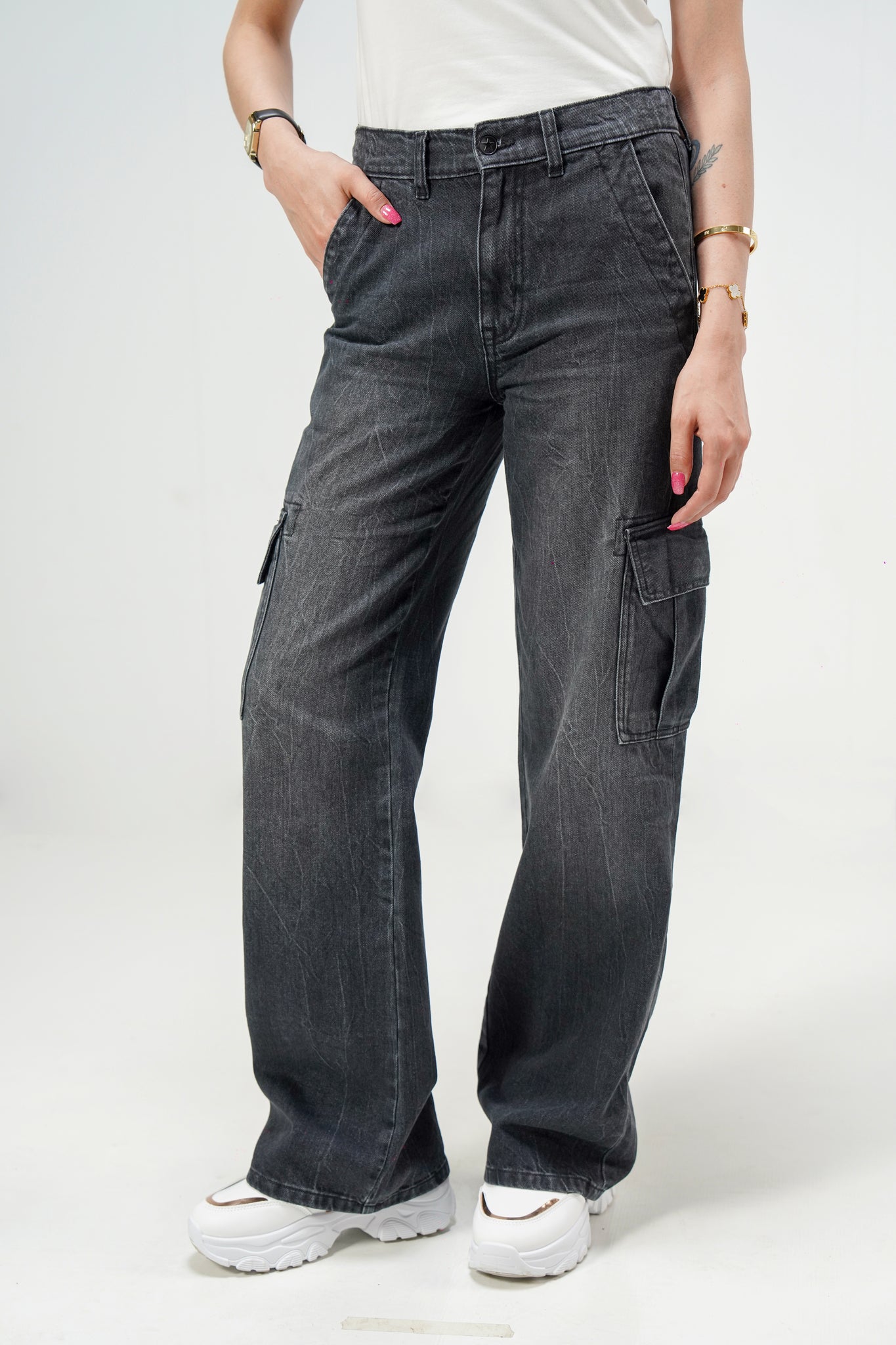 High Rise Wide Leg Cargo Grey