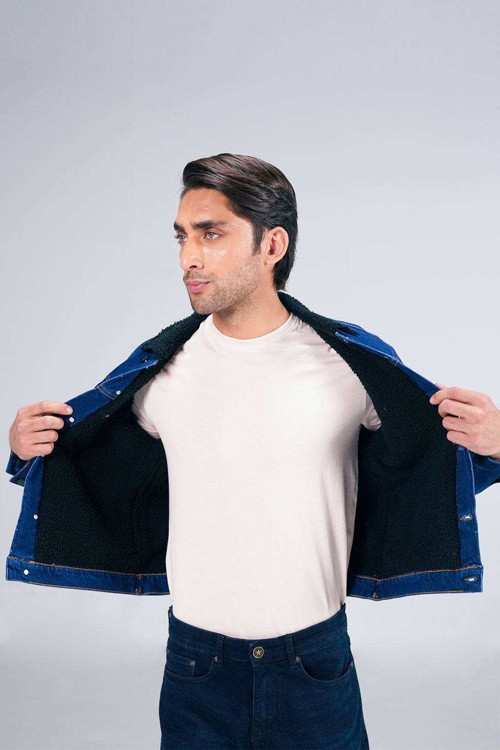 Dark Denim Jacket With Sherpa