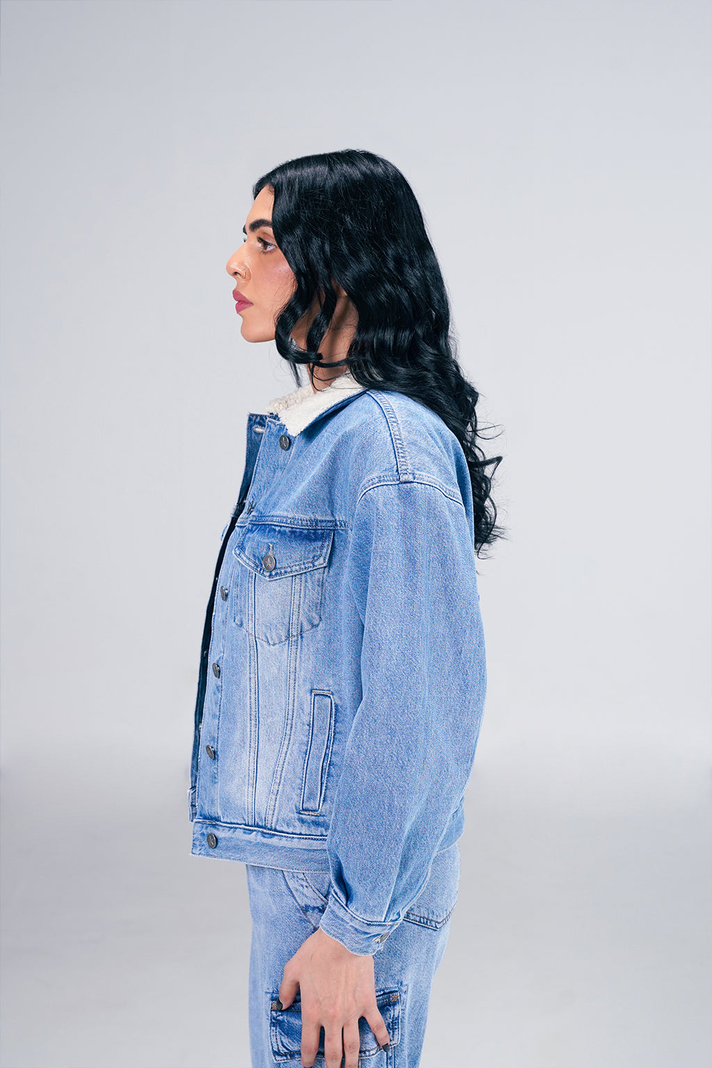 Light Denim Jacket With Sherpa