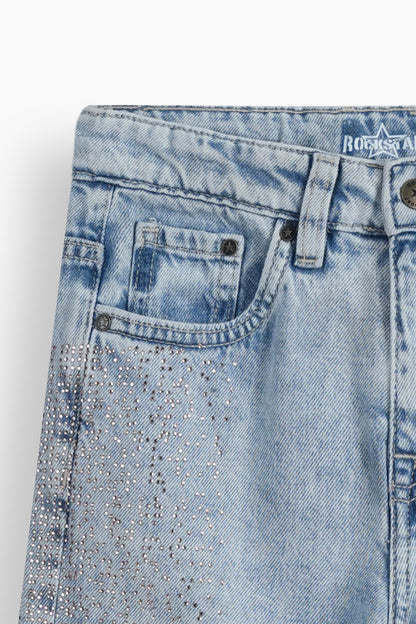 Wide Leg Peach Rhinestones Jeans