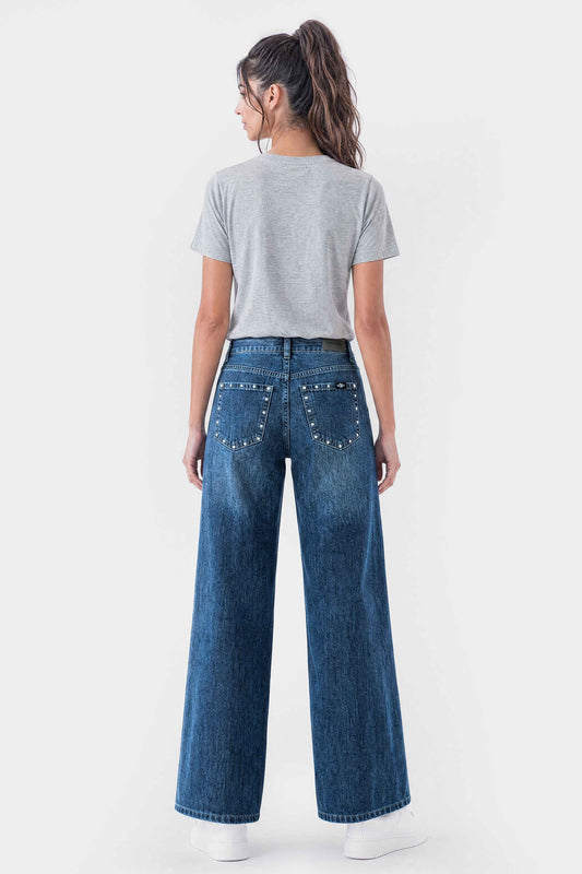 Mid Rise Wide Leg Stud Jeans