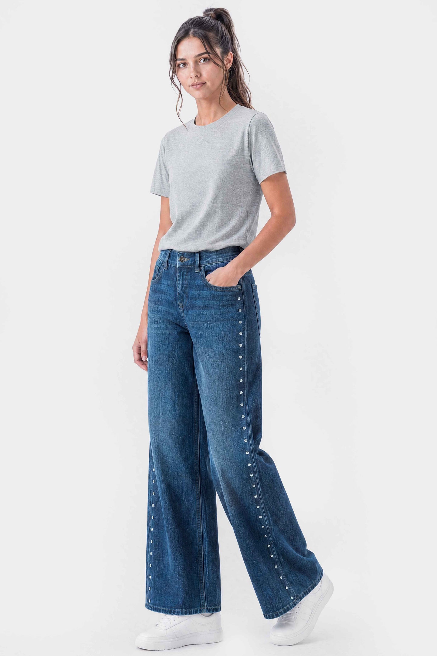 Mid Rise Wide Leg Stud Jeans