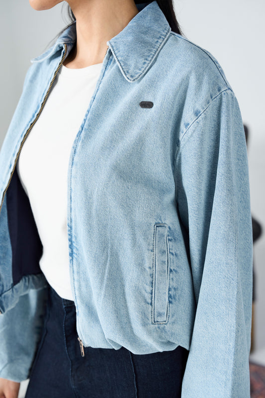 Light Blue Balloon Bomber Jacket shop at rockstar jeans