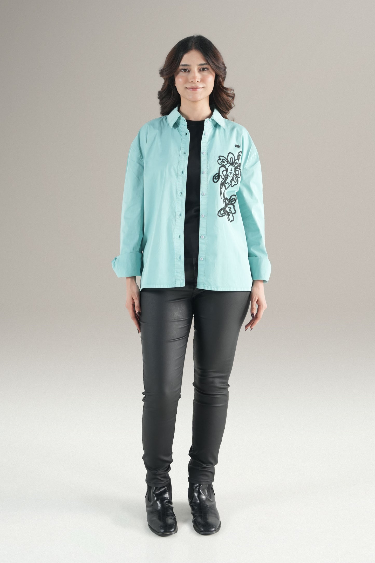Abstact Floral Embrioded Light Green Shirt