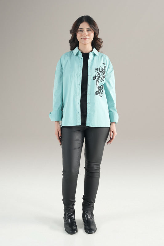 Abstact Floral Embrioded Light Green Shirt