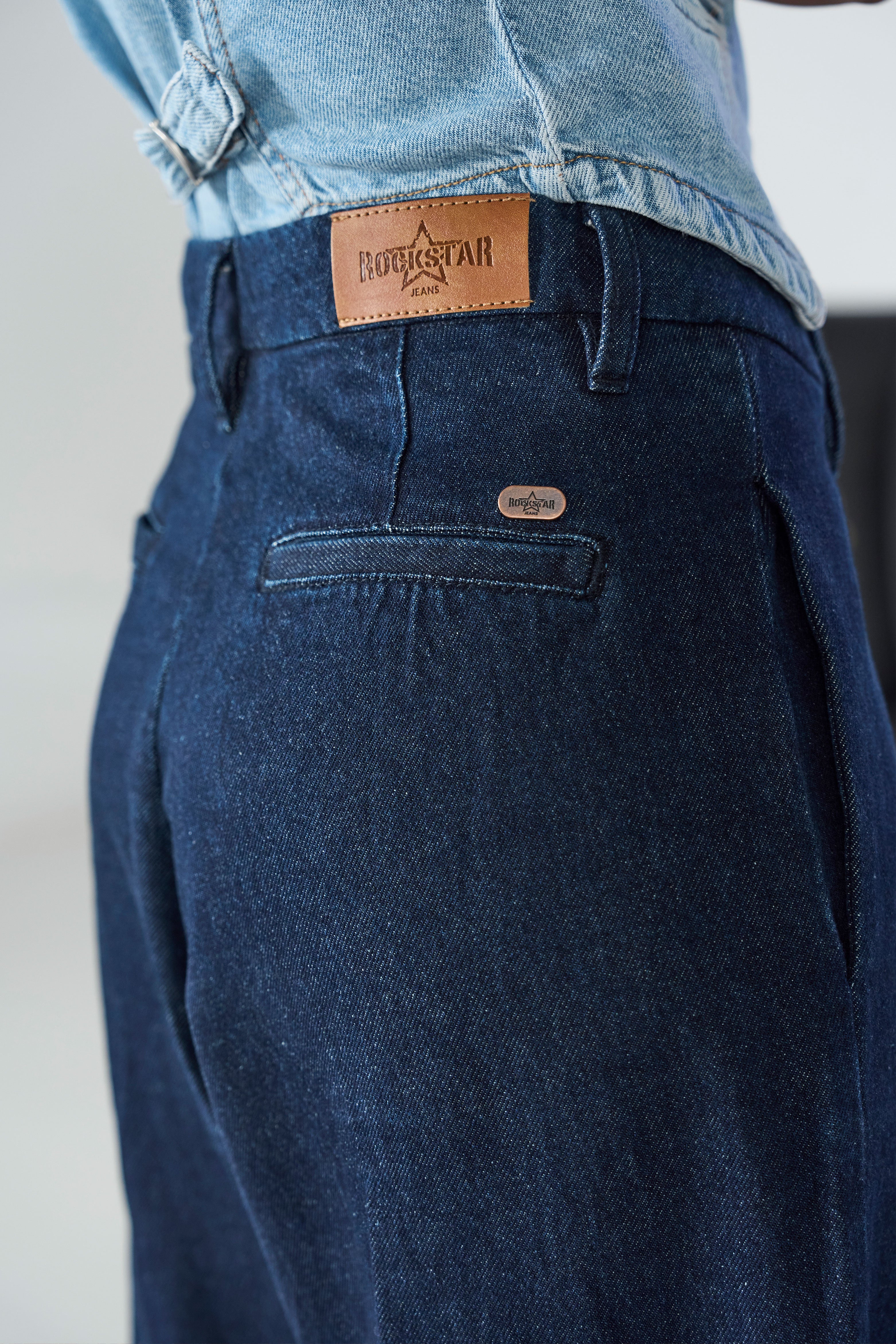 Pleated Wide Leg Dark Wash Jeans