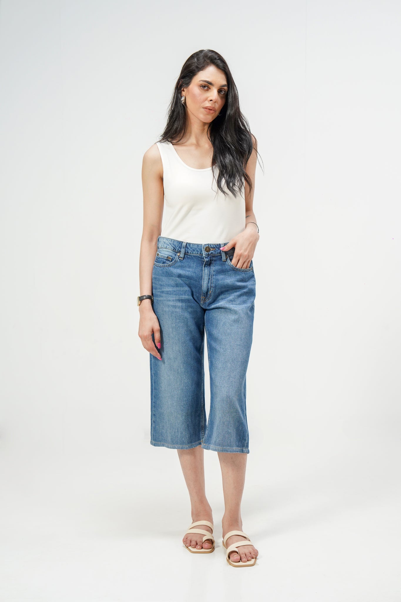 Mid Blue Baggy Denim Capri