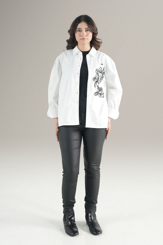 Abstact Floral Embrioded White Shirt