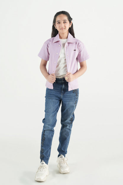 Button Down  Summer Stripe Shirt-Pink