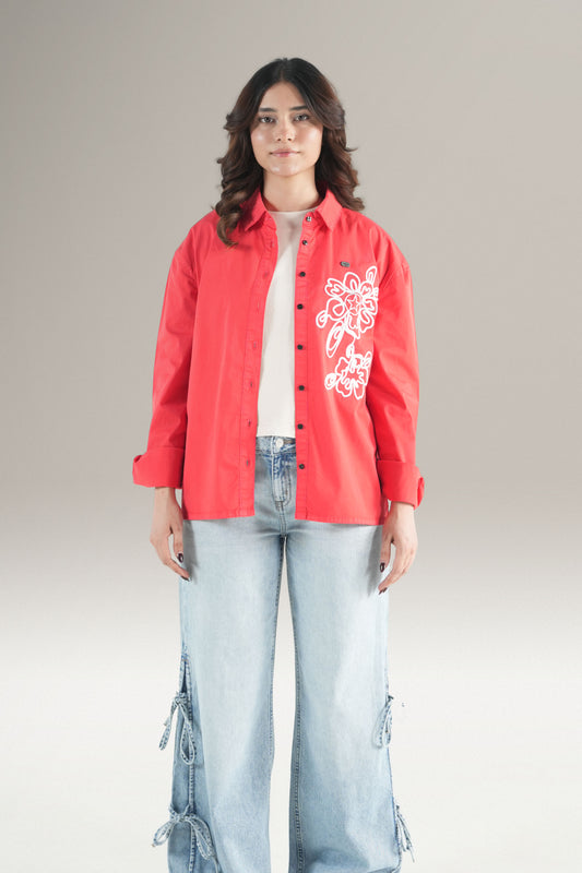 Abstact Floral Embrioded Red Shirt