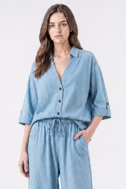 Relaxed Drape Denim Shirt Light Blue