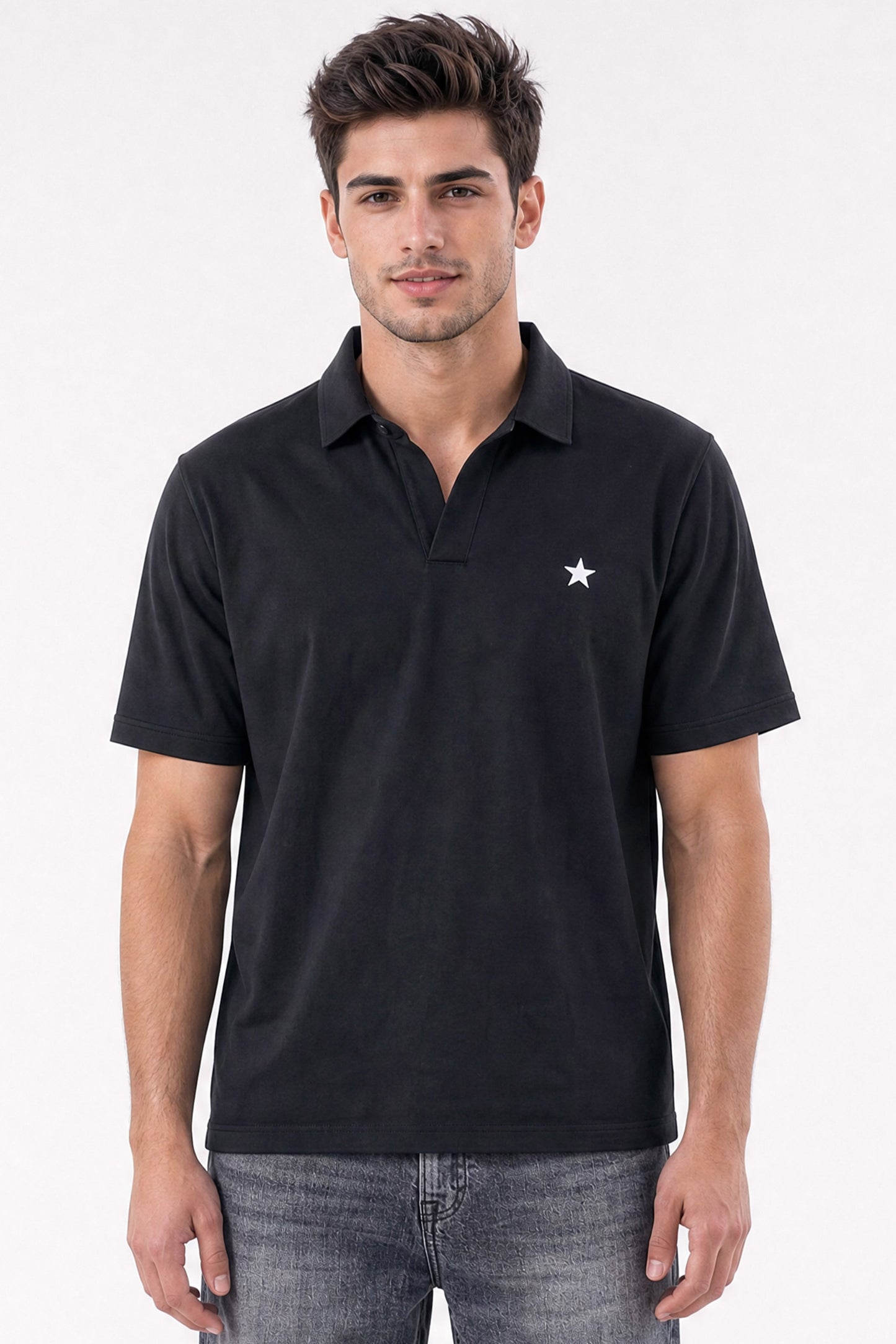 Relaxed V-Neck Polo Black