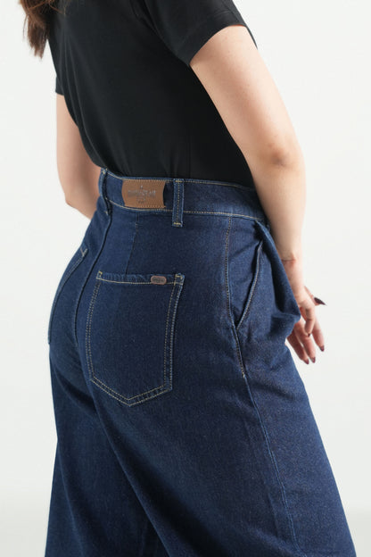 Pleated Barrel Fit Dark Blue Jeans