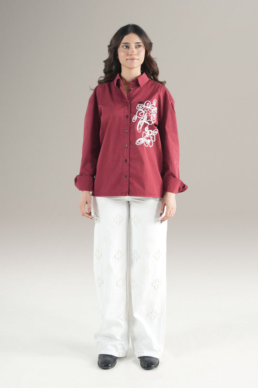 Abstact Floral Embrioded Maroon Shirt