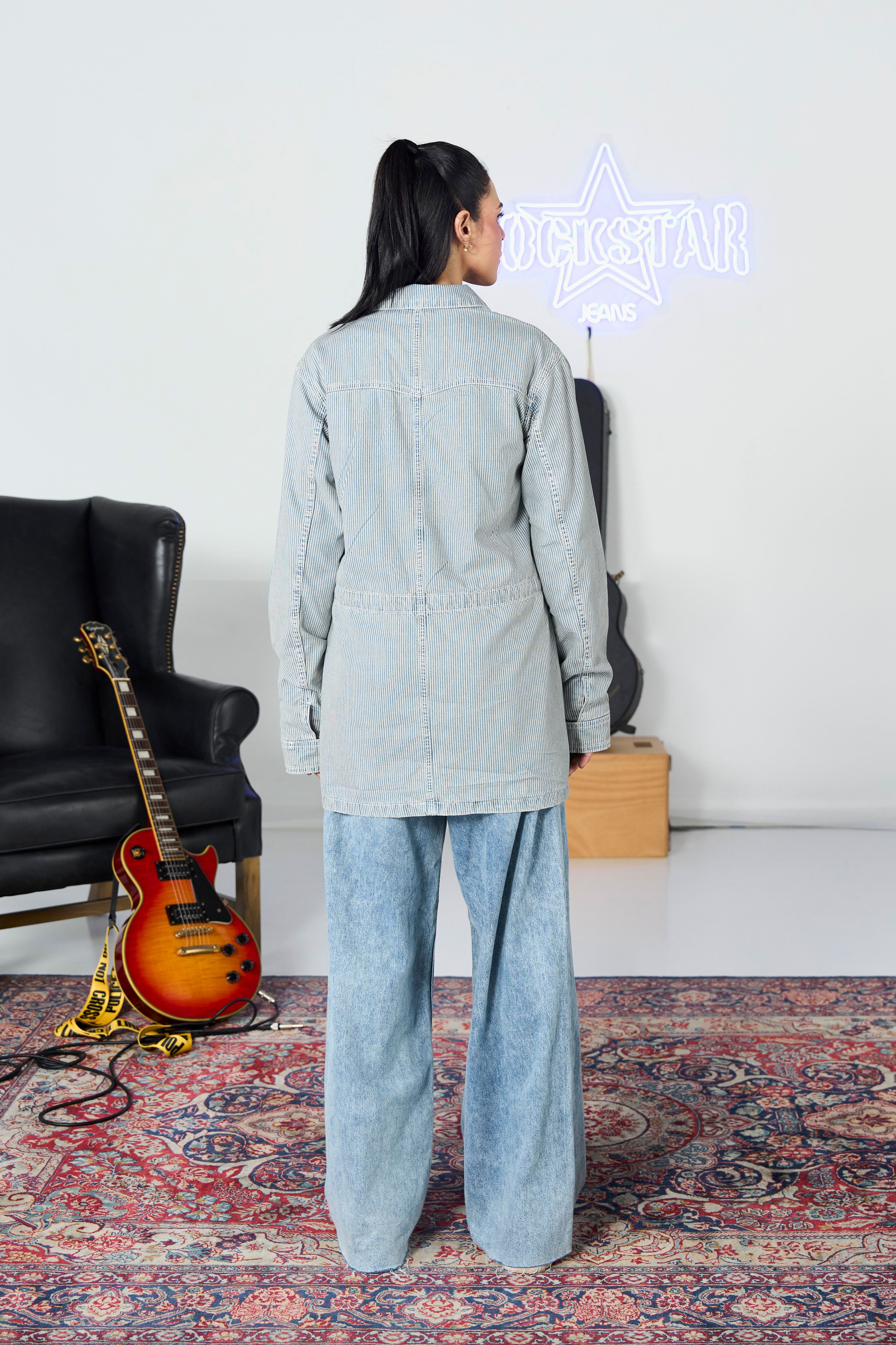 Striped Long Denim Coat