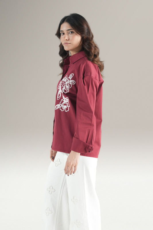 Abstact Floral Embrioded Maroon Shirt