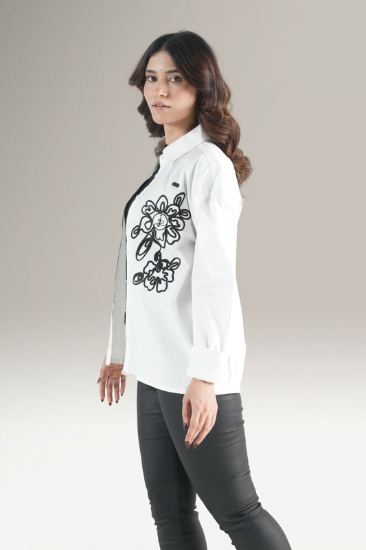 Abstact Floral Embrioded White Shirt