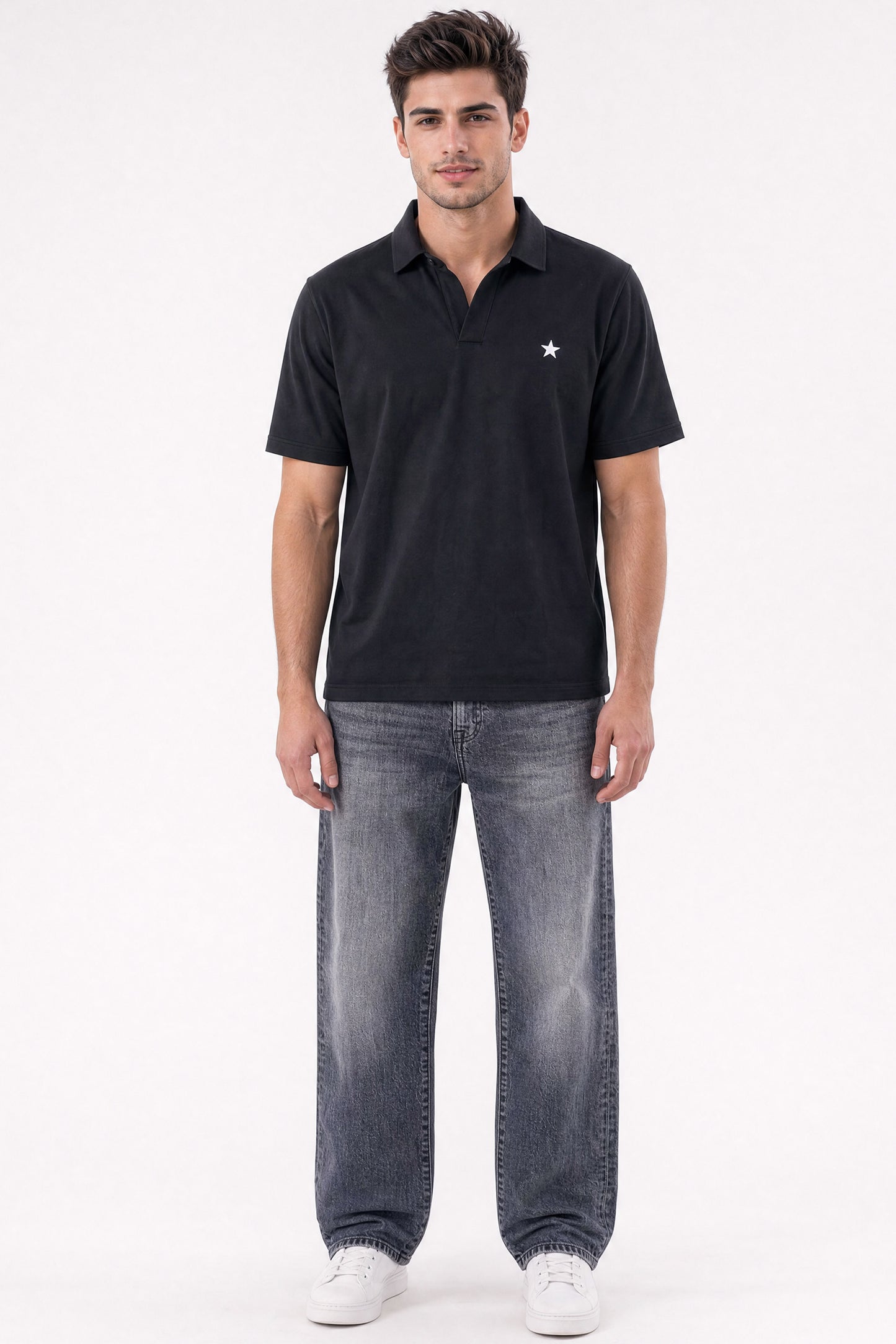 Relaxed V-Neck Polo Black