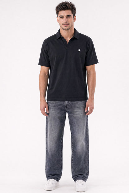 Relaxed V-Neck Polo Black