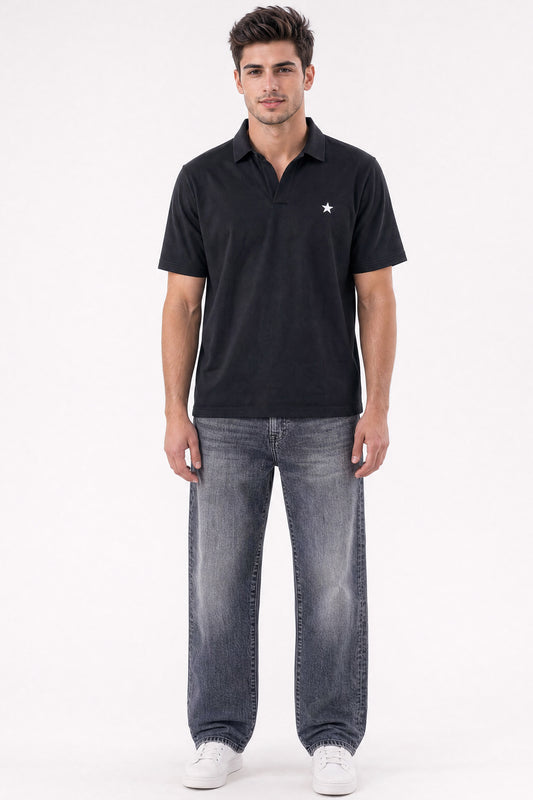 Relaxed V-Neck Polo Black