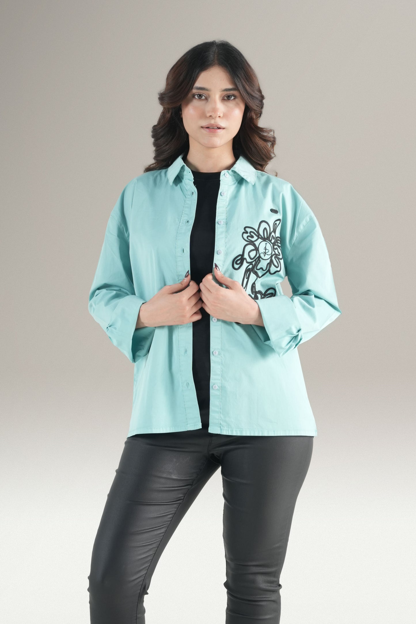 Abstact Floral Embrioded Light Green Shirt
