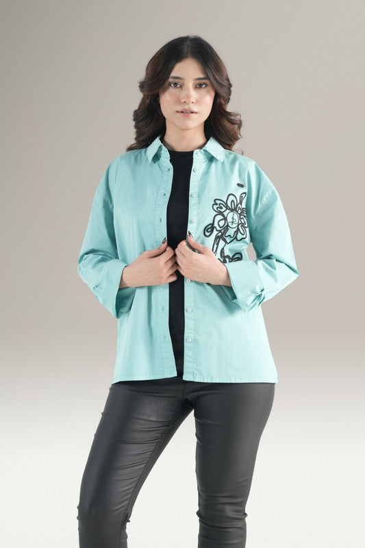 Abstact Floral Embrioded Light Green Shirt