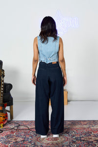 Pleated Wide Leg Dark Wash Jeans