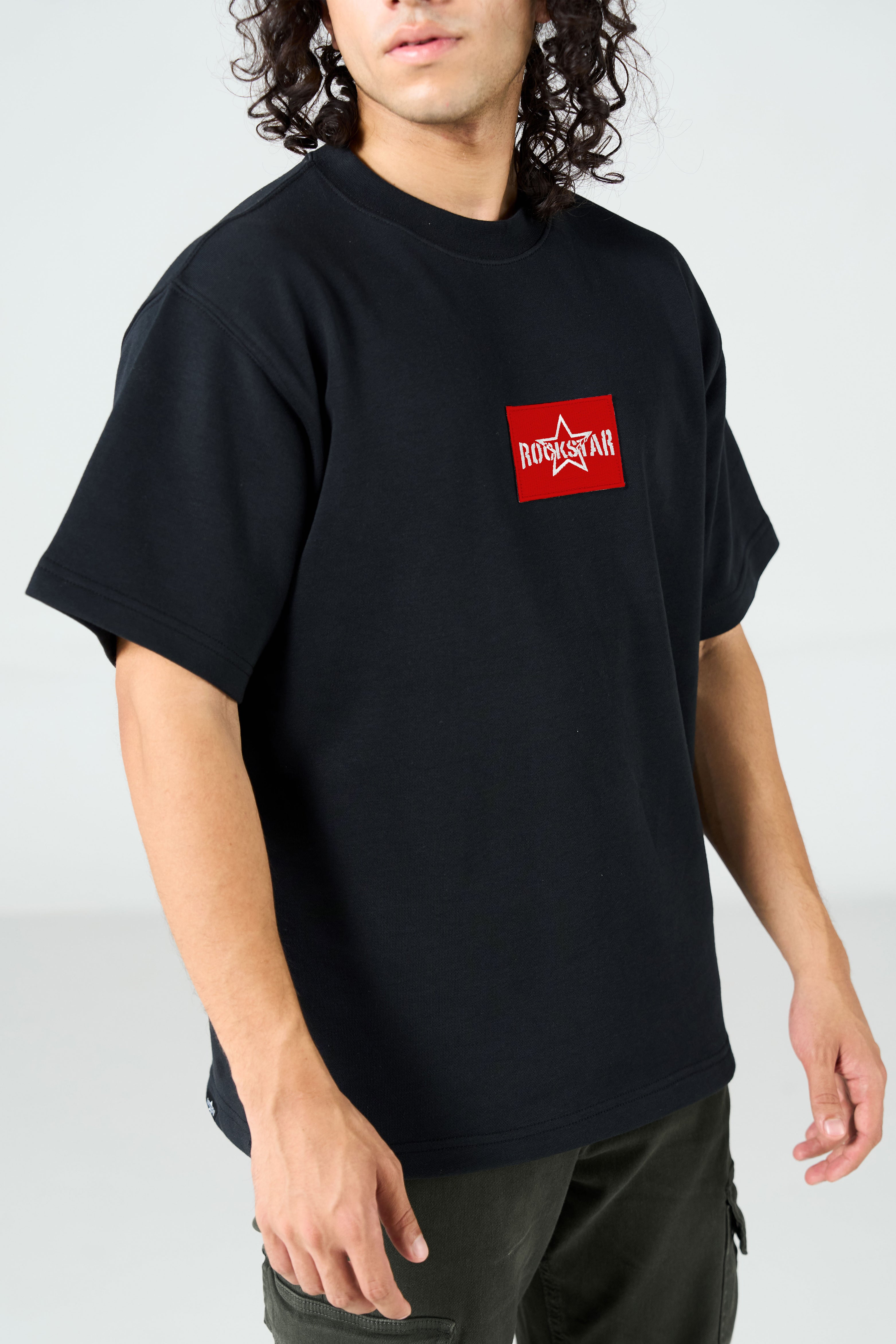 Oversized Black T-Shirt With Red Embroidery Patch