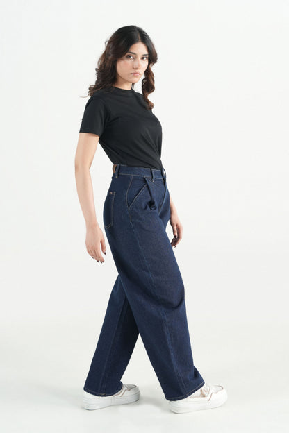 Pleated Barrel Fit Dark Blue Jeans