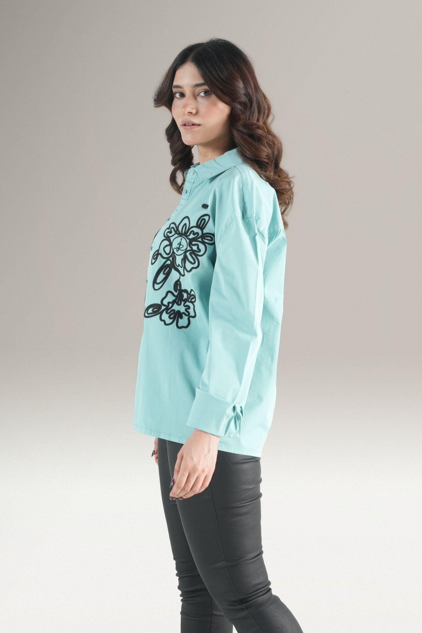 Abstact Floral Embrioded Light Green Shirt