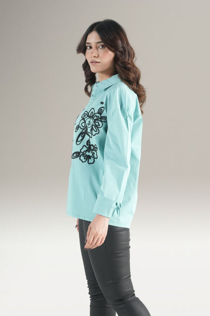 Abstact Floral Embrioded Light Green Shirt