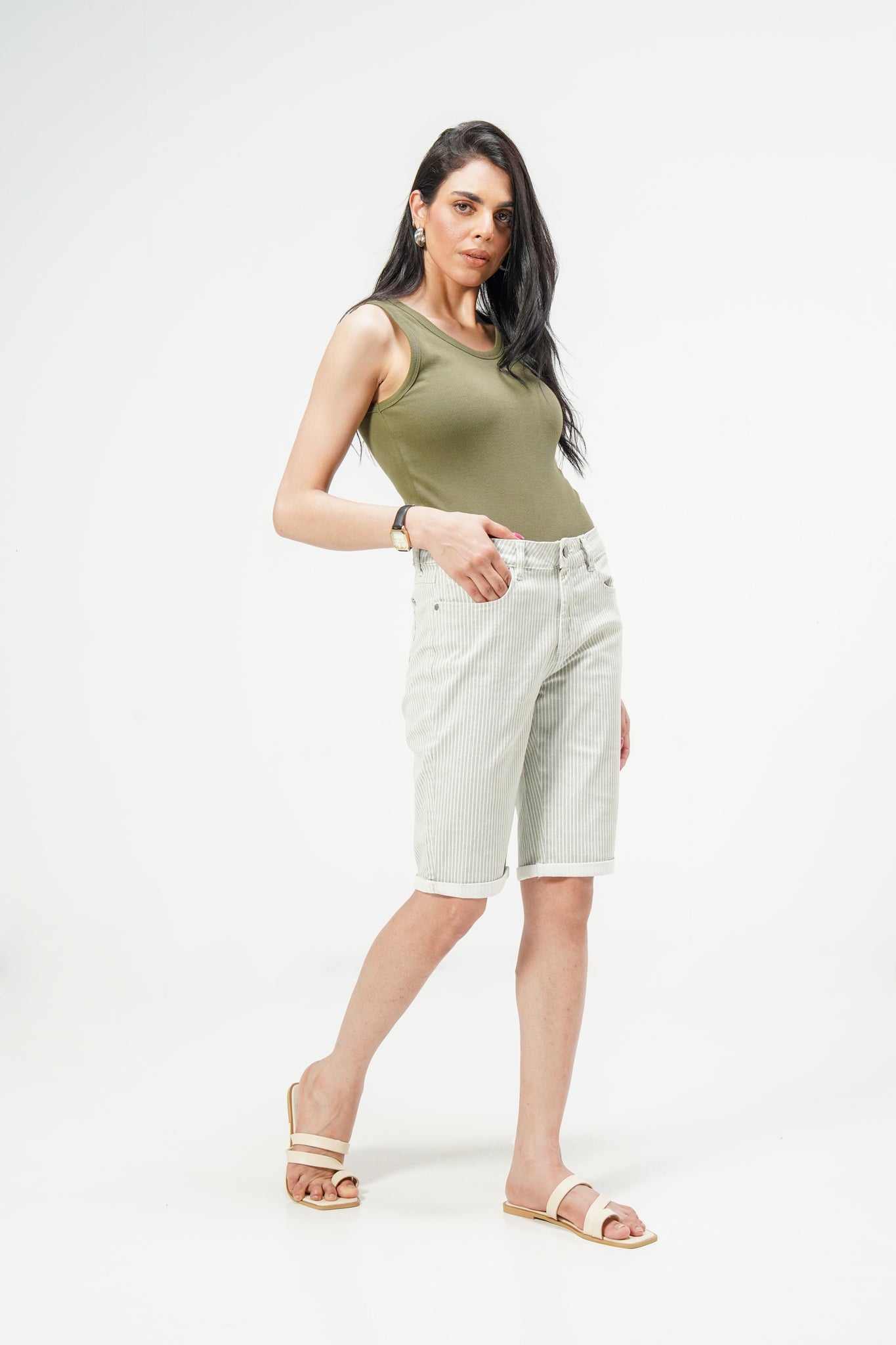 Green Bermuda Striped Shorts