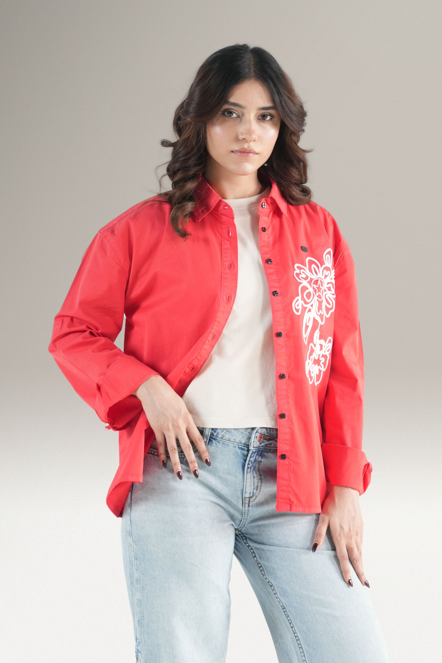 Abstact Floral Embrioded Red Shirt
