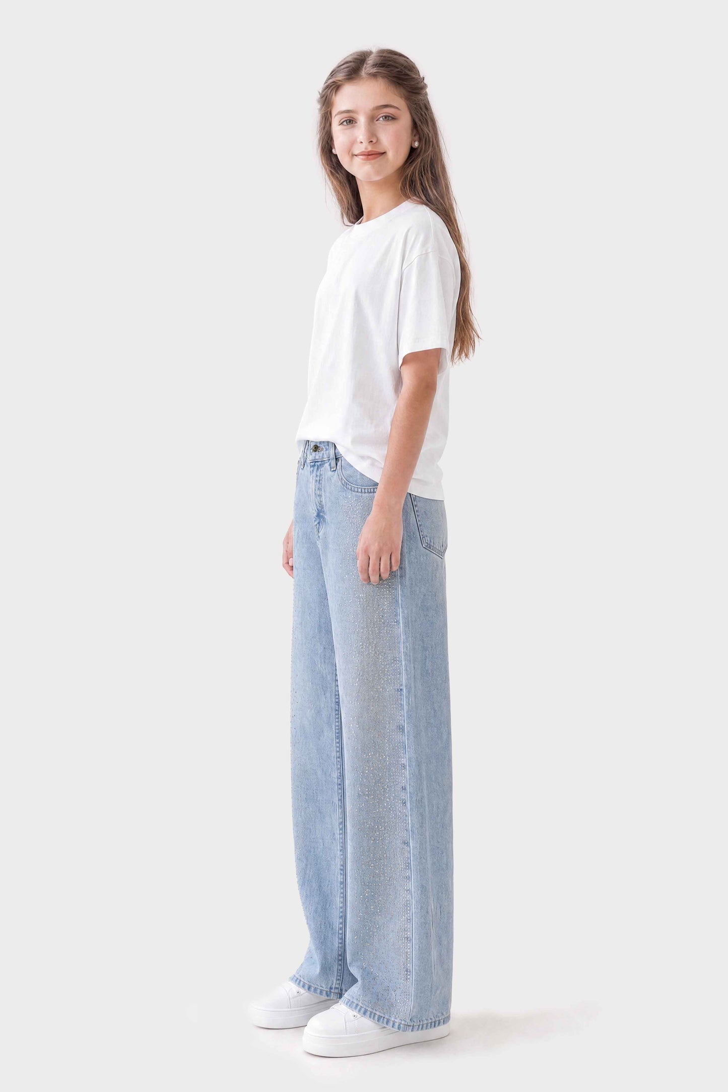 Wide Leg Peach Rhinestones Jeans