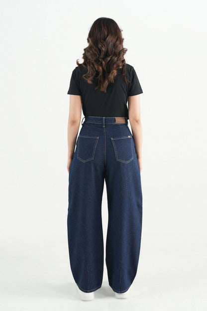 Pleated Barrel Fit Dark Blue Jeans