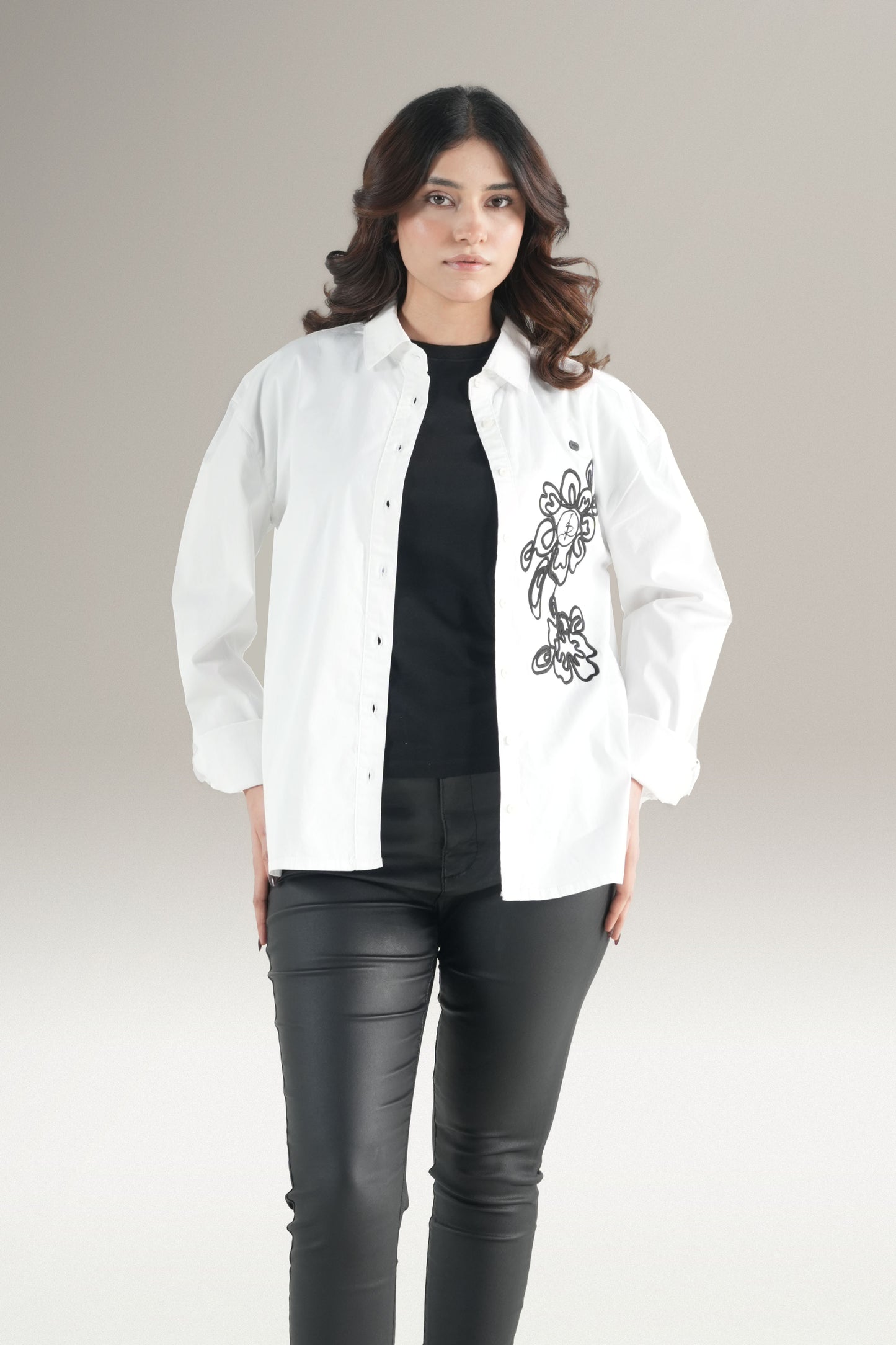 Abstact Floral Embrioded White Shirt