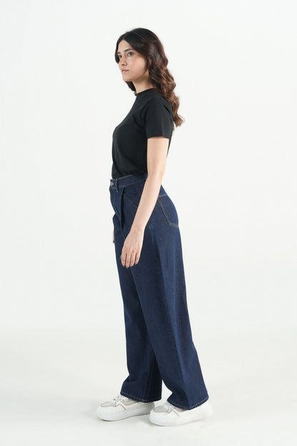 Pleated Barrel Fit Dark Blue Jeans