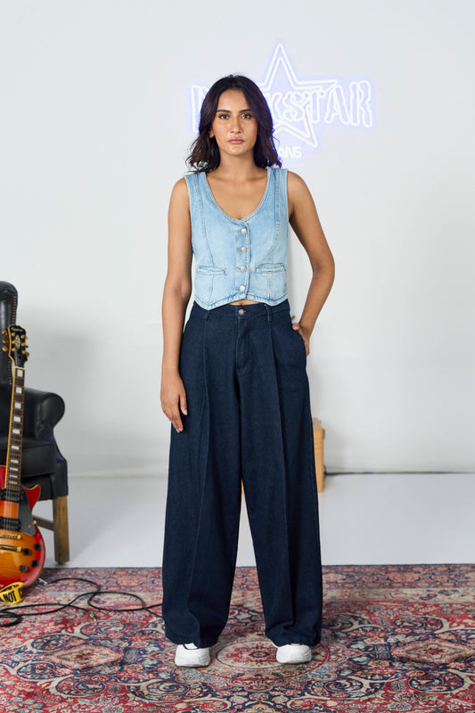 Pleated Wide Leg Dark Wash Jeans