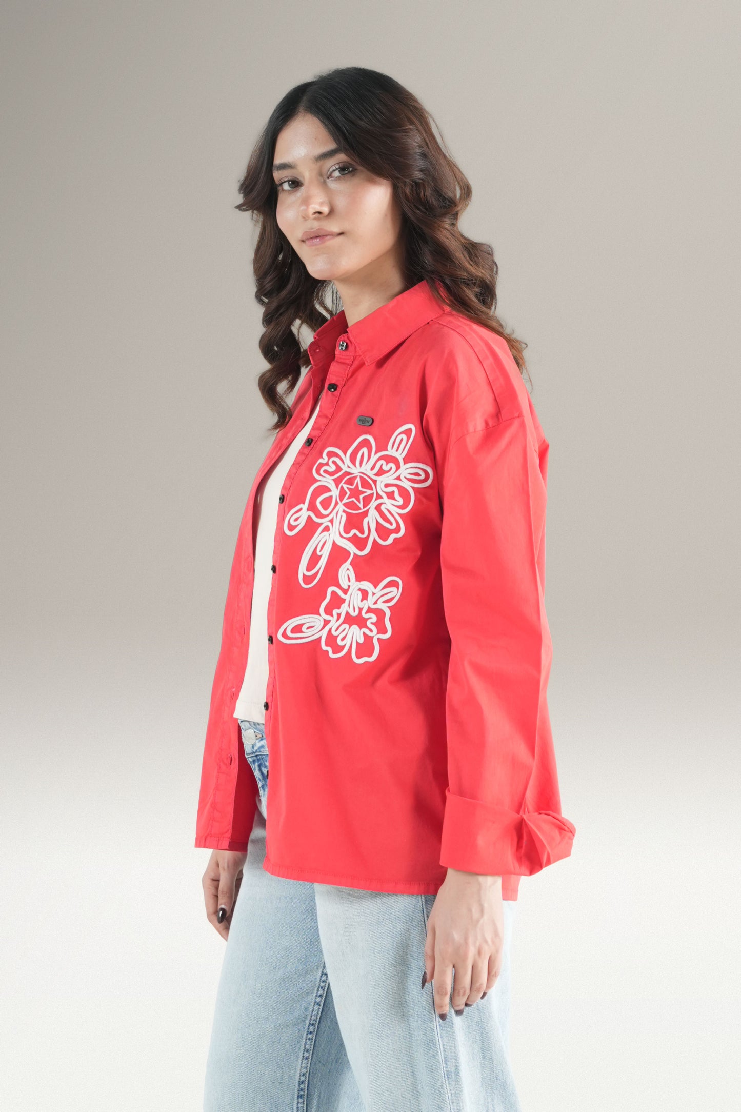 Abstact Floral Embrioded Red Shirt