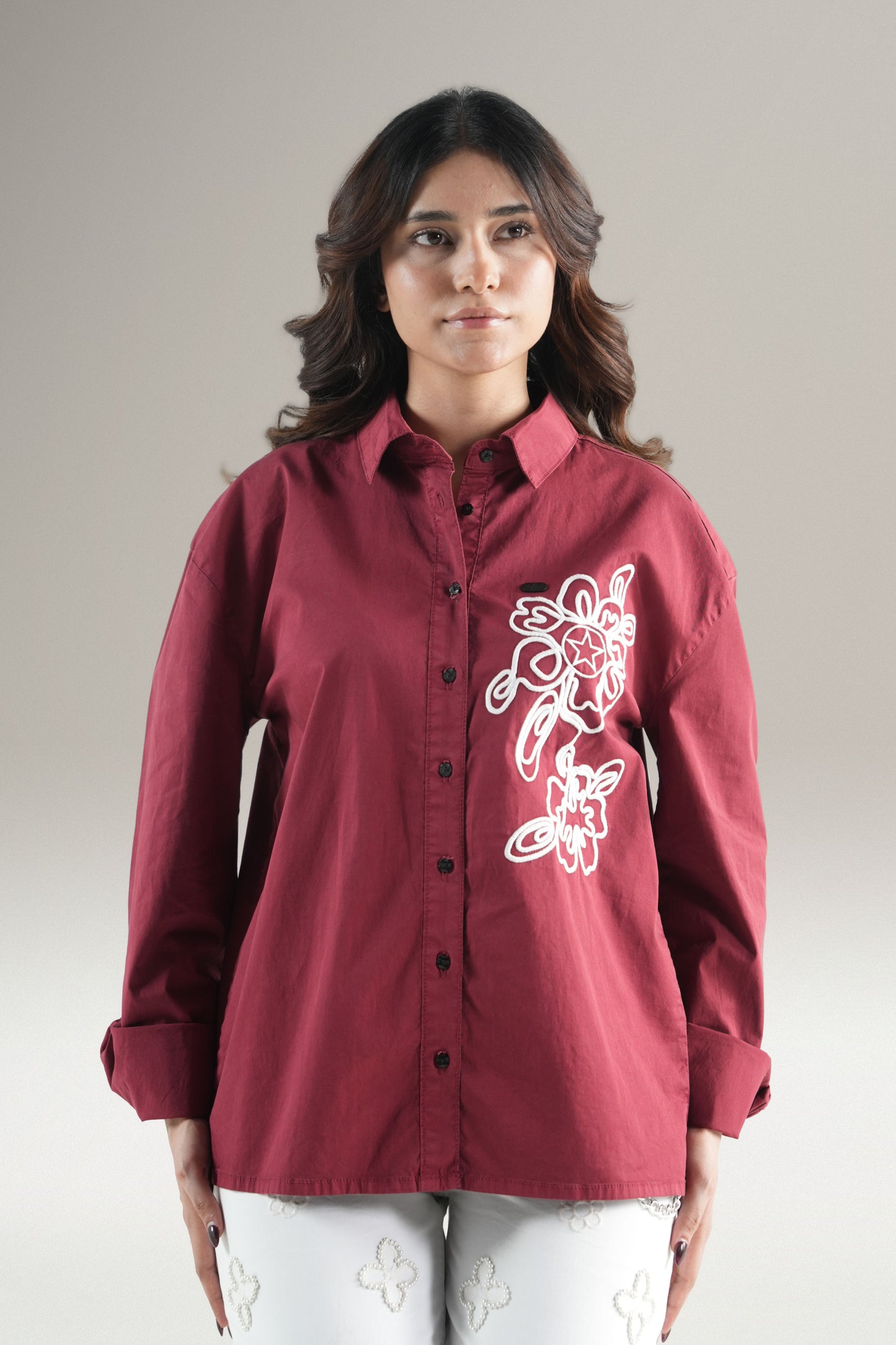Abstact Floral Embrioded Maroon Shirt