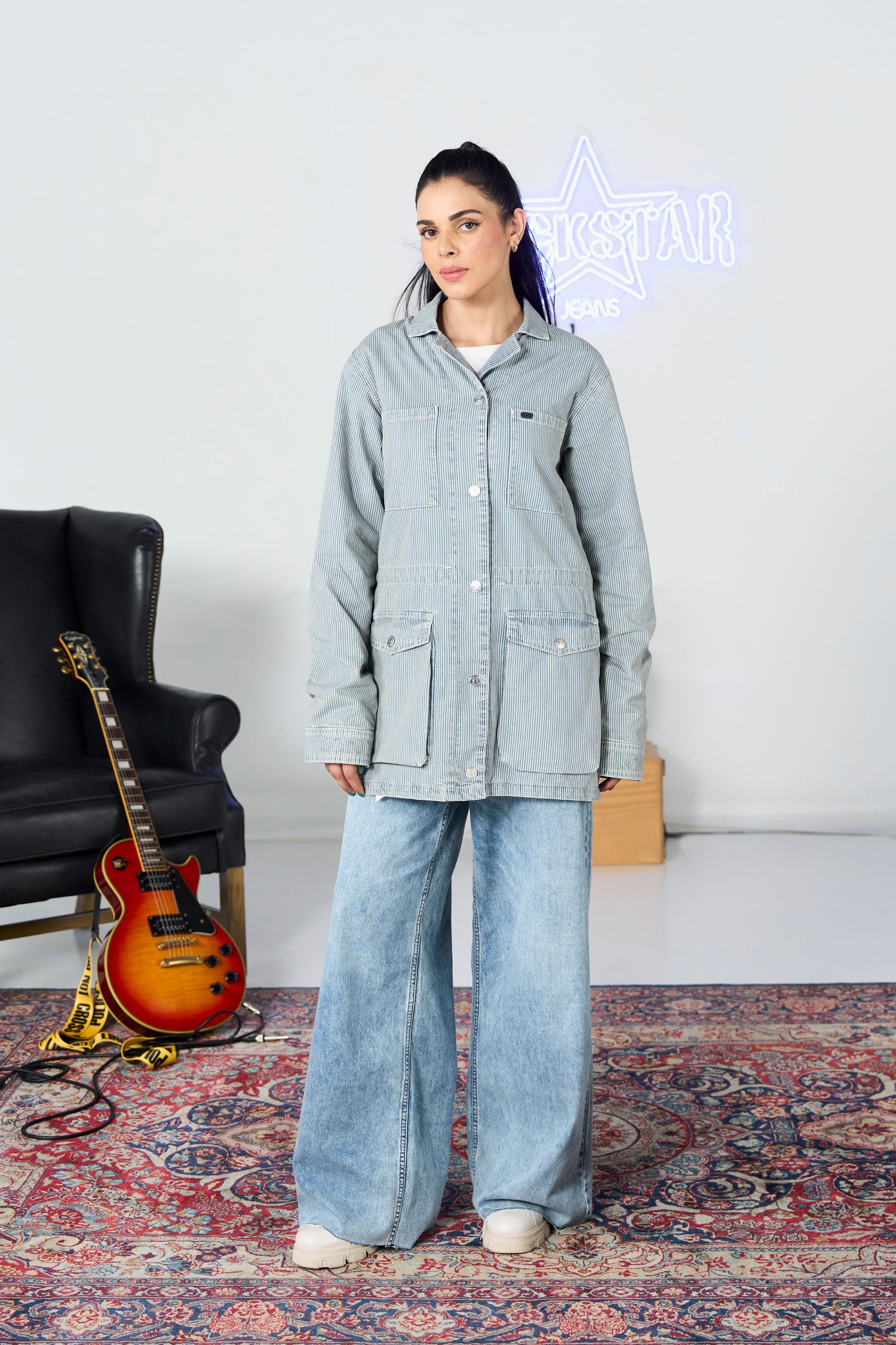 Striped Long Denim Coat shop at Rockstar Jeans