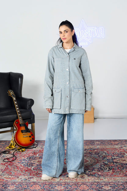 Striped Long Denim Coat shop at Rockstar Jeans