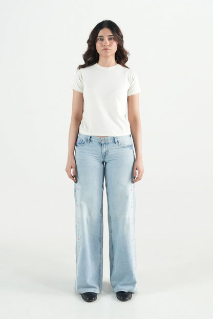 Low Rise Wide Leg Embrioded Jeans