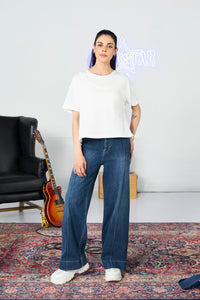 Pleated Wide Leg Mid Wash
