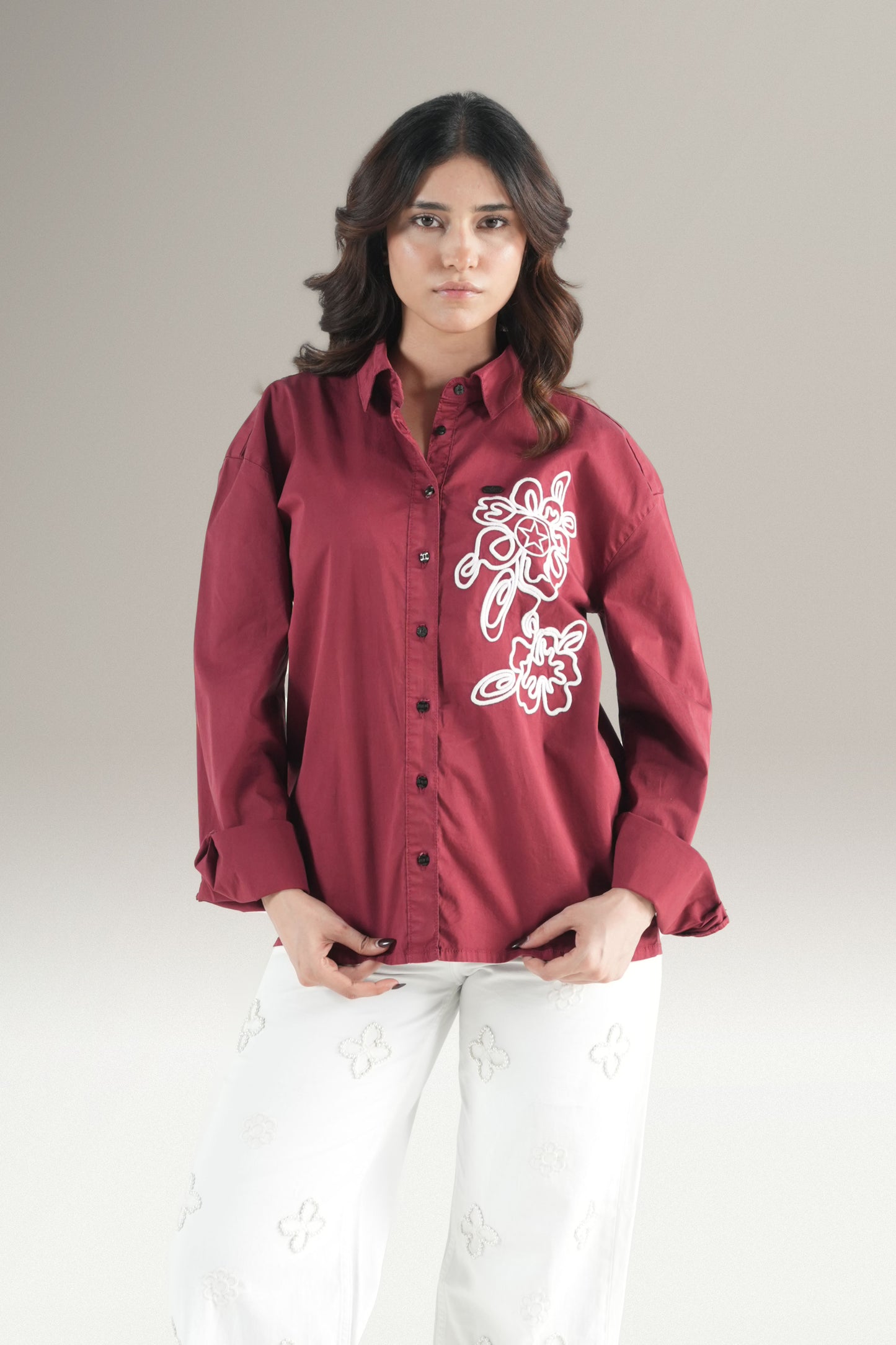 Abstact Floral Embrioded Maroon Shirt